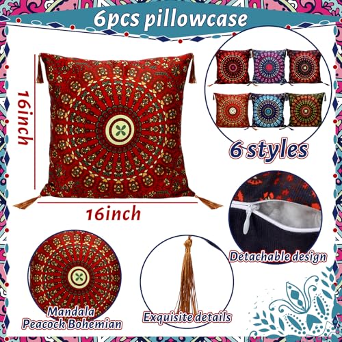 Mixweer 6 Pack Moroccan Mandala Pillow Covers 16 x 16 Inch Bohemian Decorative Cushion Covers with Tassels, Colorful Ethnic Throw Pillow Cases for Sofa Bed Couch Living Home Decor Diwali Festival