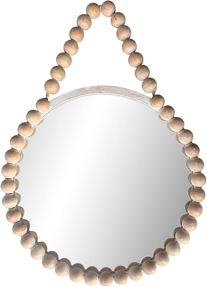 POZINO Wood Beaded Round Mirror, 24" Farmhouse Hanging Rustic Mirrors with Rope, Spherical Frame Rounded Wall Mirror, Boho Circle Mirrors for Bathroom Bedroom Living Room Hallway Entryway Fireplace