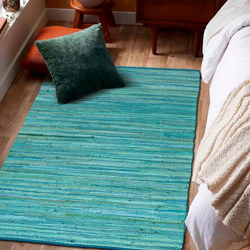 Ramanta Home 100% Cotton Hand Woven Tonal Chindi Rag Rug 3'x5' - Teal, Recycled Reversible Rugs, Boho Rustic Farmhouse Rugs for Living Room, Dinning Room, Kitchen Floor Mats - 36"x60" - color: Teal, size: 3 x 5 feet