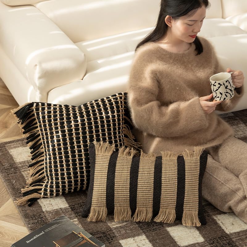 MOCOFO 100% Handmade Woven Checkerboard Pillow Cover with Fringe, Wabi Sabi French Vintage Luxury Cushion Case, Chunky Cotton & Hemp Rope Plaid Accent Pillow for Couch (Cover Only) (Checkered, 18x18) - color: Checkered, size: 18" x 18" (Pack of 1)