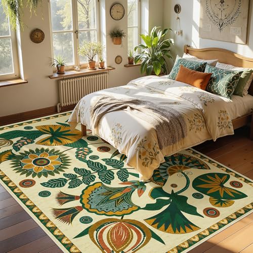 Joydeco Egypt Floral Boho 6x9 Area Rugs for Living Room, Beige Washable Bedroom Dining Room Rug Non Slip, Low Plie Vintage Soft Indoor Throw Carpet for Playroom Nursery Dorm Classroom - color: Beige, size: 6' x 8'11" (Rectangular)