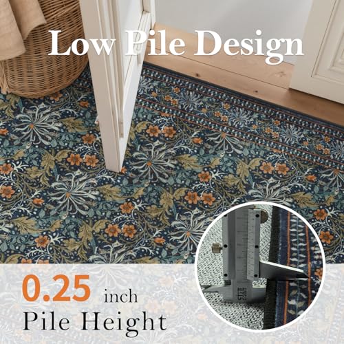 Uphome Botanical Floral Runners for Hallways, 2'6x8 Washable Kitchen Runner Rugs Non Slip, Long Soft Entryway Runner Rug Low Pile, Vintage Floor Carpet for Hallways Bedroom Bathroom, Green/Navy