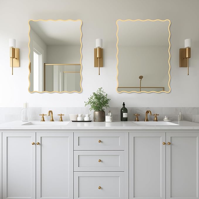 Gold Wavy Mirror Whit Wood Frame, 18" x 24" Small Rectangle Boho Mirror for Nursery Wall Decor, Bathroom Vanity, Bedroom, Living Room, Entryway
