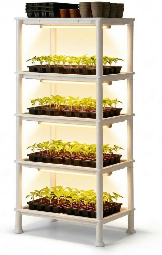 5-Tier Seed Starter Trays, Plant Stand with LED Grow Light (Auto-Timer), Bottom Watering Designed for Indoor Greenhouse Plants, Fits Small Pots & Seedling Cell Trays - White