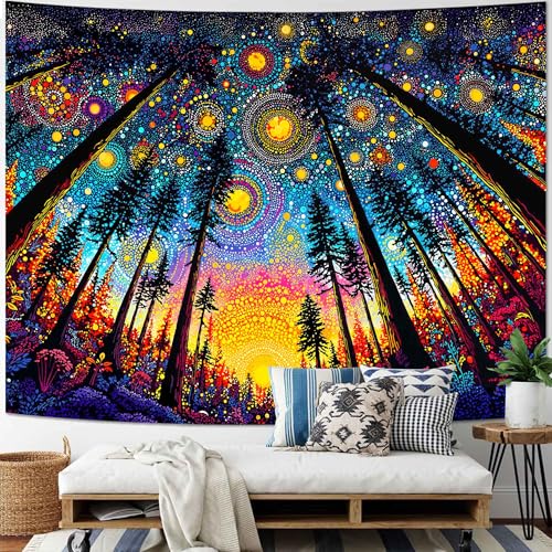Spenlife Upward Forest Starry Sky Wall Tapestry, Trippy Night Tree Tapestries for Bedroom Decor, Scenic Tapestry 90x70 Inch - color: Gold Blue, size: 90"L x 70"W
