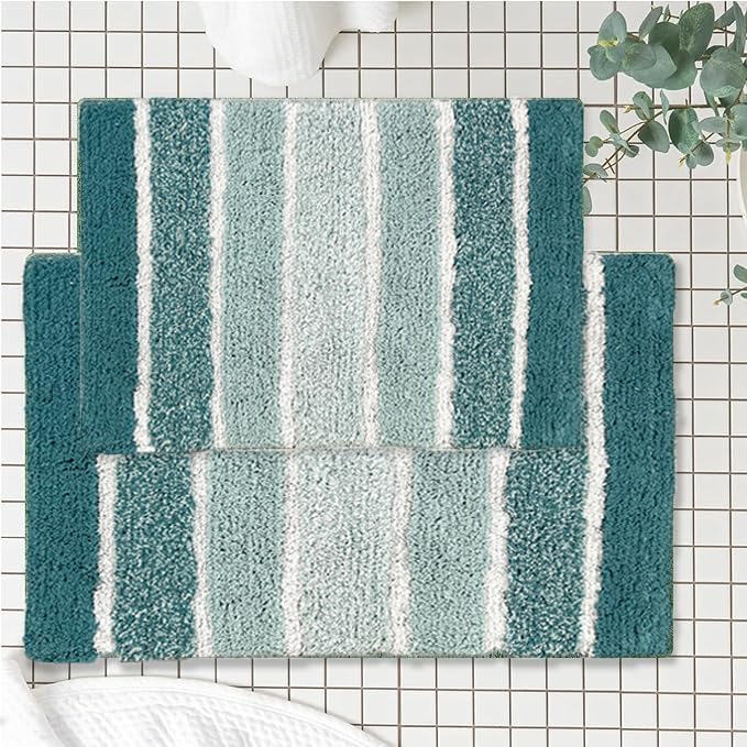 Chardin home Cordural Stripes Bath Mat, Set of 2 Bath Rugs (17x24 Inches & 21x34 Inches) | Non Slip Bathroom Rug, Machine Washable, Plush, Highly Absorbent | Teal Blue-Green-White - color: Teal Blue/Green