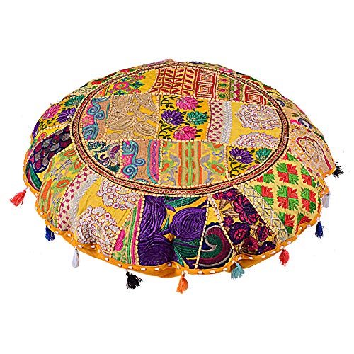 Rajasthani Handmade Colorful Decorative Floor Pillow Cover Meditation Patchwork Patchwork Cushion Seating Accent Boho Chic Indian Handmade Cover ONLY (Yellow, 32X32 Inches) - color: Yellow