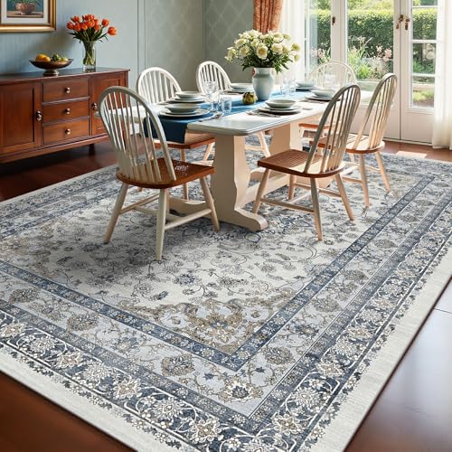 Farmhouse 6x9 Nursery Rug, Low Pile & Non Slip Area Rug for Living Room, Bedroom, Dining Room Table, Blue and Grey High Traffic - Non Shedding & Stain Resistant Soft Carpet, Faded Print Accent Mat - color: Blue / Grey / Brown, size: 6' x 9' (Rectangular)