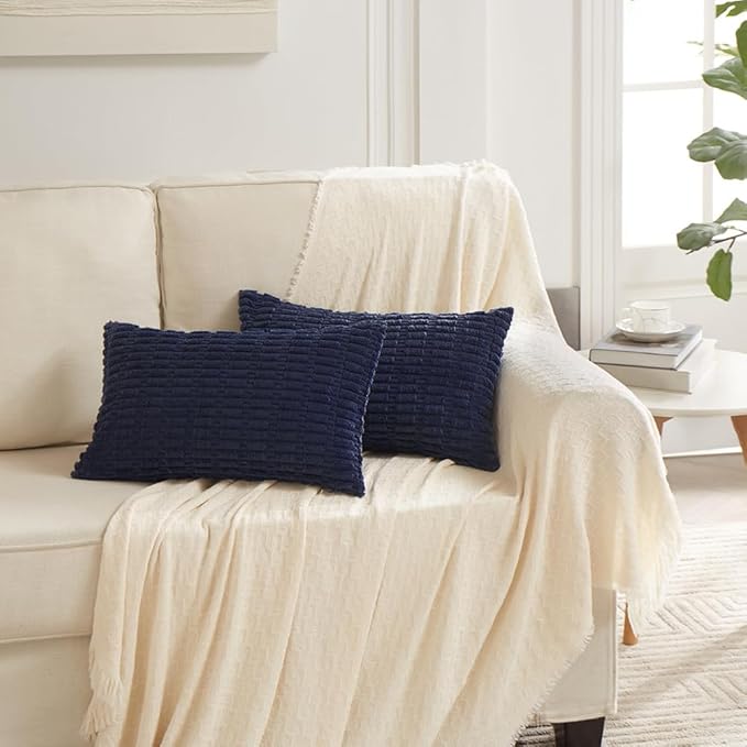 Fancy Homi 4 Packs Navy Blue Decorative Throw Pillow Covers 12x20 Inch for Living Room Couch Bed Sofa, Rustic Modern Farmhouse Boho Home Decor, Soft Plush Corduroy Cute Square Cushion Case 30x50 cm