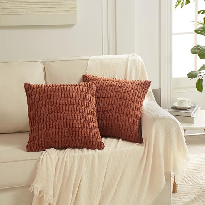 Fancy Homi 4 Packs Boho Fall Decorative Throw Pillow Covers 22x22 Inch for Living Room Couch Bed Sofa, Rustic Farmhouse Home Decor, Soft Plush Striped Corduroy Colorful Square Cushion Case 55x55 cm