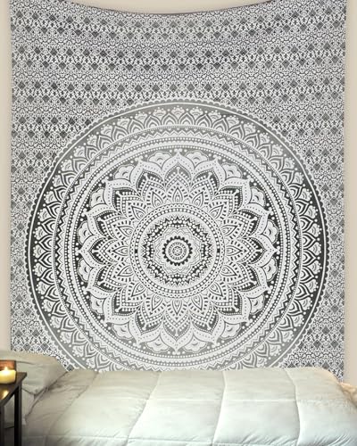 THE ART BOX Grey Black Cotton Tapestry Mandala Wall Hanging – Tapestry for Bedroom – Boho Room Decor – Small Aesthetic Tapestry 30x40 Inches - color: Grey and White, size: 30"L x 40"W