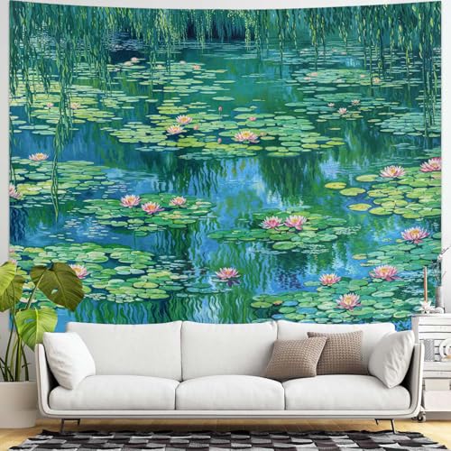kampdream Landscape Tapestry, Scenery Art Wall Tapestries, Nature Wall Decor for Bedroom Living Room Backdrop Impressionist Pond Lotus 60×80 inches - color: Green Pond, size: 80"L x 60"W