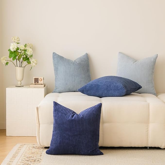 LANANAS Neutral Couch Throw Pillow Covers 18x18 Inch Set of 4 Decorative Farmhouse Boho Throw Pillows for Living Room, Couch, Bed, Sofa Soft Corduroy Accent Home Decor (Blue Ocean, 18x18 Inch)