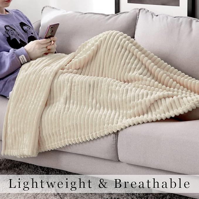 MIULEE Beige Throw Blanket 3D Ribbed Jacquard Fleece Flannel Velvet Plush Decorative Bed Blanket (Throw, 50" x 70") - Super Soft, Lightweight, Warm and Cozy for Couch Sofa