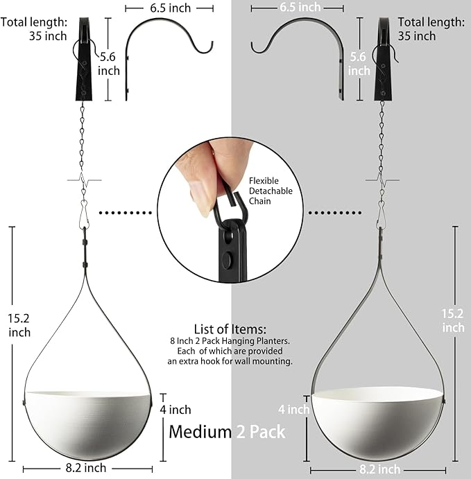 Hajia 2 Pack Waterdrop Shaped Hanging Planters, Black Iron Plant Hangers with Non-Detachable Pots, Modern Indoor/Outdoor Hanging Plant Holder