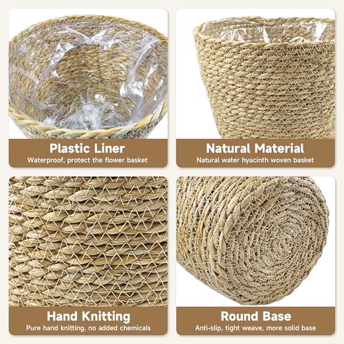 KJET 3PCS Seagrass Planter Basket with Plastic Liner, Boho Woven Plant Pots for Indoor Outdoor, Flower Baskets Containers for Garden and Home Decor