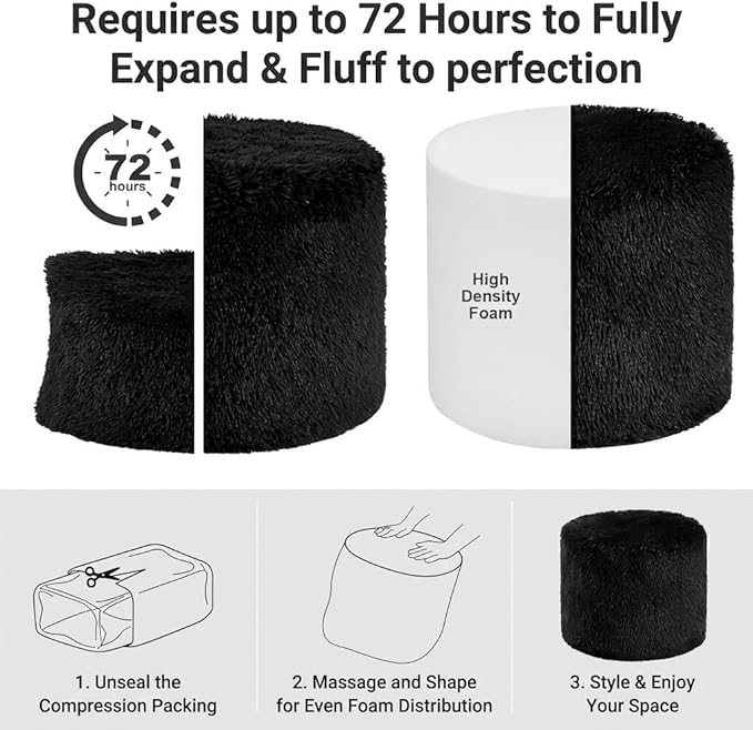 Round Pouf Ottoman Foot Rest, 17"×15" Foam Filled Foot Stool for Living Room, Lightweight Decorative Pouf Stool for Couch or Chair, Soft Modern Ottoman for Home Decor, Black