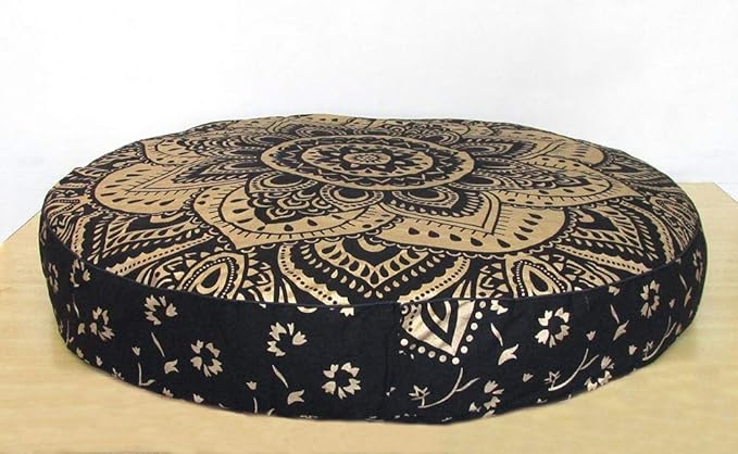 Large Hippie Mandala Round Floor Pillow Cover Ottoman Pouf Cover Daybed Cotton Cushion Cover with Heavy Duty Zipper Seating Ottoman Poufs Dog-Pets Bed 35" (Black Gold Flower, 35" Round)