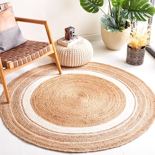 SAFAVIEH Natural Fiber Collection Area Rug - 5' Round, Natural & Ivory, Flat Weave Farmhouse Border Jute Design, Ideal for High Traffic Areas in Living Room, Bedroom (NF812A) - size: 5' (Round)