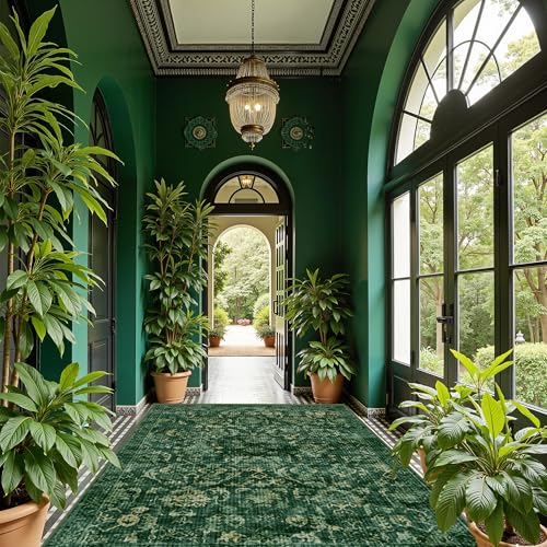 Dark Green Vintage Area Rug 3x5 for Living Room Bedroom, Washable Distressed Farmhouse Soft Thin Non-Shedding Indoor Throw Rug, Traditional Accent Carpet for Bedroom Office - color: Dark Green, size: 3'x5'