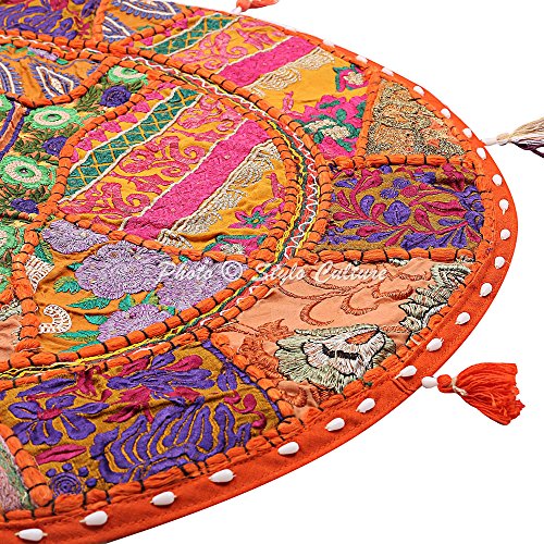 Ethnic Round Throw Pillows for Bed Vintage Patchwork Floor Cushion Cover Orange Small 18x18 Decorative Decor Seating Tuffet Seat Pouf Cover Footstool Cotton Embroidered 1 Pc - color: Orange