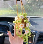 Crochet Hanging Plant for Car, Cute Car Plant Accessories, Knitted Plant Car Mirror Hanger, Boho Car Plant Crochet Hanging Basket (D)