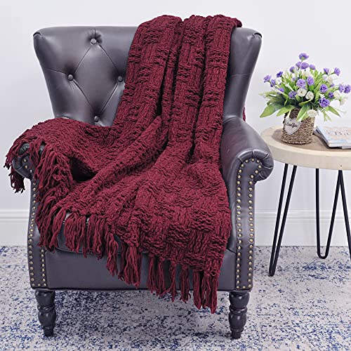 Home Soft Things Cable Knitted Throw Blankets 50'' x 60'', Burgundy, Soft Cozy Fluffy Decorative Throw with Tassels Couch Bed Sofa Cover Throw Blankets - color: Burgundy, size: 50" x 60"