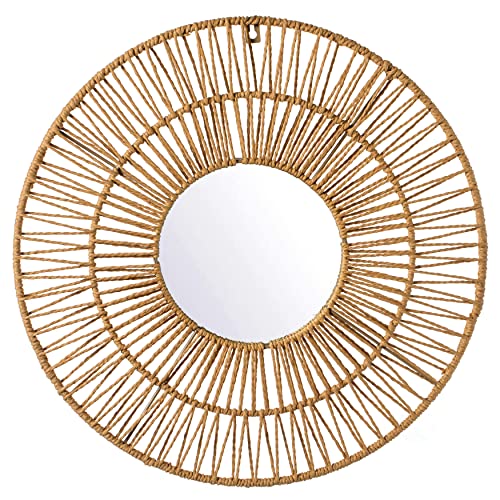 Vintiquewise Decorative Woven Paper Rope Round Shape Bamboo Wood Modern Hanging Wall Mirror - size: 2"L x 19"W