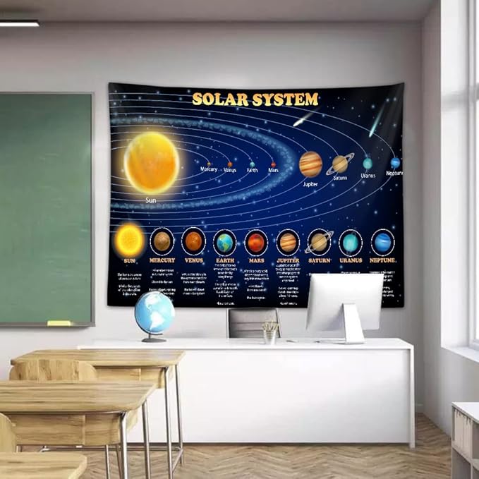 Solar System Tapestry for Kids Boys Bedroom, Outer Space Galaxy Educational Party Poster Tapestries Decorations Wall Art Hanging Classroom Living Room Office Decor 60X40" Backdrop