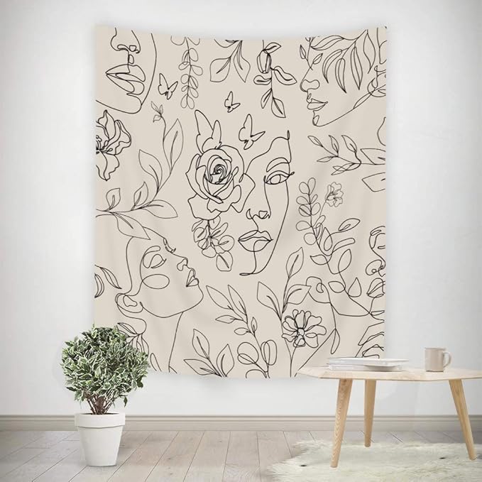 SVBright Abstract Woman Face Tapestry 51Wx59H Inch Floral Leaves Butterfly Art Line Lady Beige Black Flower Aesthetic Modern Sketch Minimalist Simple Wall Hanging Bedroom Living Room Dorm Decor Fabric