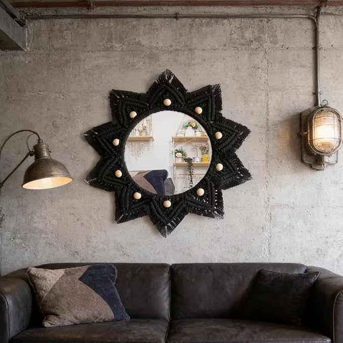 Boho Wall Hanging Mirror Macrame Bohemian Round Mirror for Bedroom Living Room Apratment