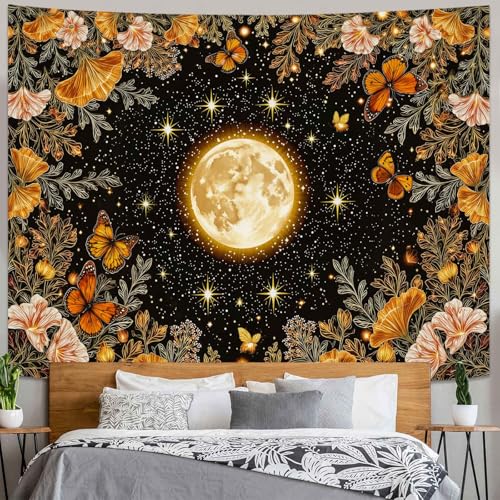 Kanuyee Golden Ginko Tapestry Nature Style Tapestry for Bedroom Celestial Starry Sky tapestries Wall Hanging Aesthetic Room Decor Full Moon and Ginko Leaves 80"x60" - color: Black Pink, size: 80"L x 60"W