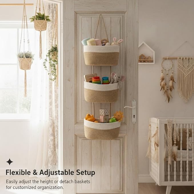 Hanging Wall Basket, Over the Door Hanging Basket with Hooks, 3-Tier Cotton Hanging Basket for Organizing, Decorative Boho Chic Decor for Wall, Bedroom, Living Room, Nursery, Whte & Jute