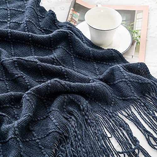 BATTILO HOME Navy Blue Throw Blanket with Fringe, Geometric Bed Blue Throws, Spring Decorative Large Throw for Couch Sofa Indoor Outdoor, 52"x80" - color: Navy, size: 52 x 80 in.