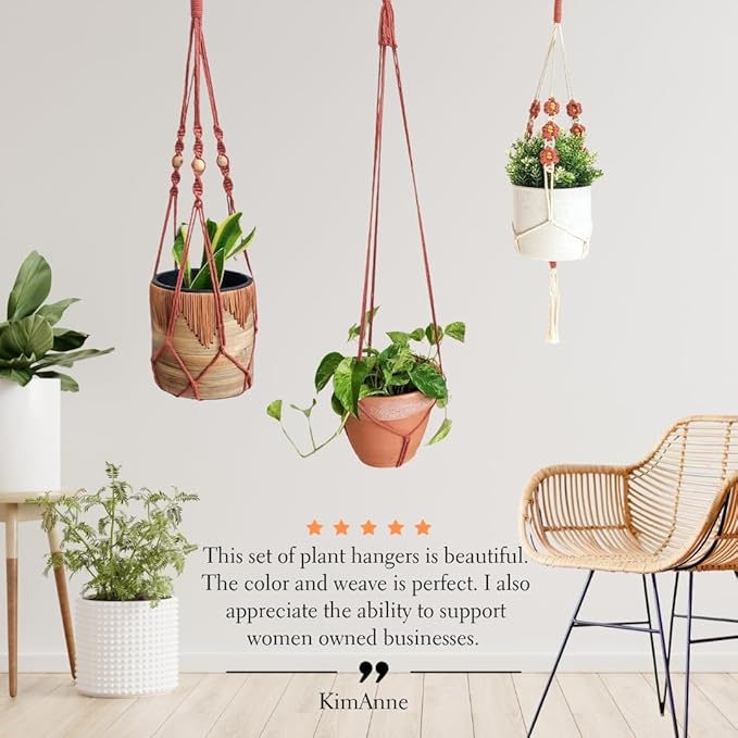 Set of 3 Macrame plant hangers with Daisies & Beads Hanging plant holder Macrame Plant hangers outdoor and indoor hanging planters Plant stand indoor Boho Decor hanging planter stand (Cafe Latte)