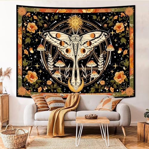 Aipon Orange Moth Tapestry Boho Retro Floral Flowers Tapestries Aesthetic Vintage Mushroom Tapestries for Bedroom Indie Sun Moon Tapestry Wall Hanging for Living Room Dorm (90'' × 68'') - color: Orange1, size: 90"L x 68"W