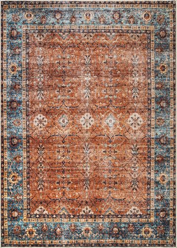 Bloom Rugs Washable Non-Slip 2' x 3' Rug - Orange/Teal Blue Traditional Bordered Area Rug for Living Room, Bedroom, Dining Room, and Kitchen - Exact Size: 2' x 3' - color: Orange/Teal Blue, size: 2' x 3' (Rectangular)