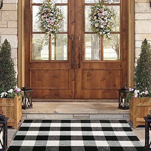 Buffalo Plaid Outdoor Rug, 27.5''x43'' Black White Check Indoor/Outdoor Area Rugs, Layering Rug for Hello/Welcome Door Mat, Washable Cotton Woven Farmhouse Mat for Christmas Front Porch Décor - color: Black and White Plaid, size: 2'4" x 3'7" (Rectangular