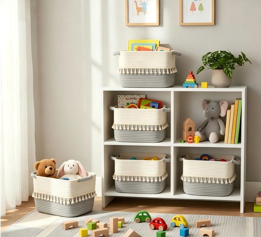 TeoKJ Storage Basket 3 Pack for Organizing, Cotton Rope Baskets for Toy, Clothes, Blankets, Decorative Basket for Living Room, Nursery, Bathroom, White & Gray - color: White & Dark Grey, size: 3 Pack