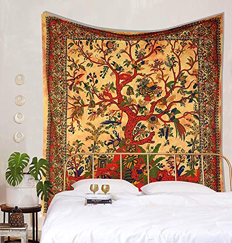Orange Tree of Life Mandala Cotton Curtain Wall Hanging Mandala Window Door Curtains Wall Panels Hippie Boho Decor Tapestry Window Treatments Balcony Room Door Curtain - color: Orange Red, size: 52"W x 82"L (Pack of 1)