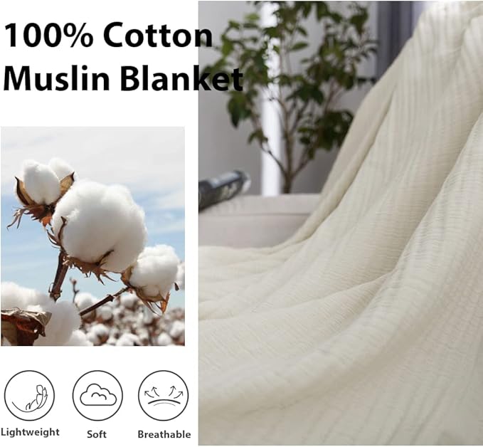 Simple&Opulence Cotton Muslin Throw Blanket for Bed, Couch, Knit Woven Gauze Blanket with Tassels, Soft Lightweight Cozy Pre-Washed Breathable Farmhouse Decoration for All-Season (Cream)