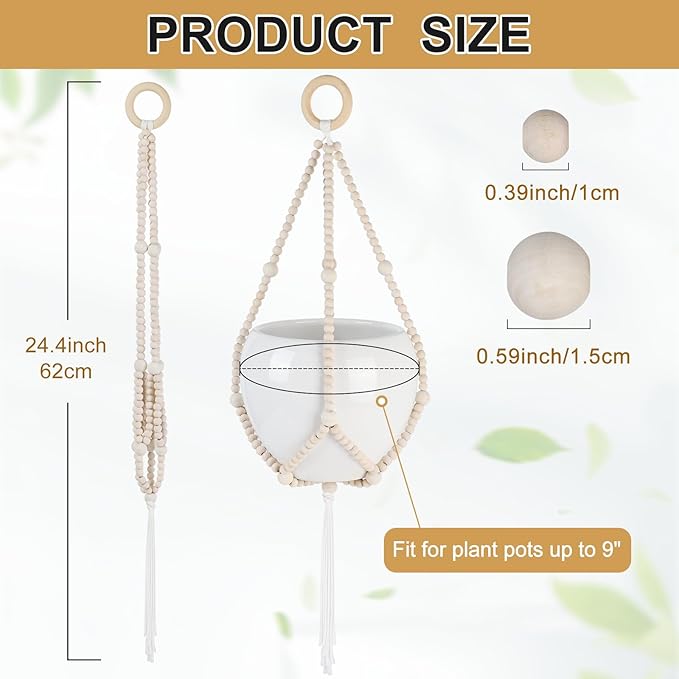 Hotfiary Wood Bead Garland Plant Hanger Flower Pot Holders with Wood Hook Handmade Boho Farmhouse Rustic Decor Indoor Outdoor Hanging Planter Basket Decorative (Pot Not Included)