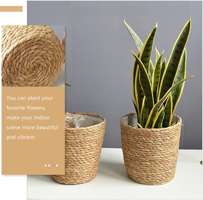 Vintage Decor Seagrass Planter Hand Woven Straw Flower Pot Farmhouse Plant Basket with Plastic Liners Rustic Plant Containers Succulent Pot for Indoor Outdoor Room Decor Home Decor