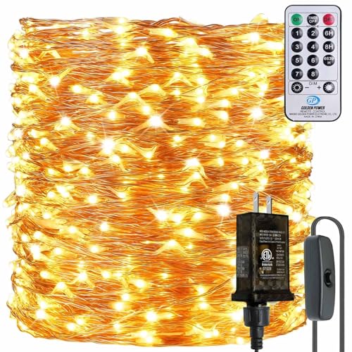165Ft Ultra Long 500 LEDs String Lights Plug in, with Switch/Timer, Waterproof Dimmable Copper String Lights for Home/Holiday Decor, 8 Modes Fairy Lights with Remote, Warm White UL Listed - size: 165 Feet