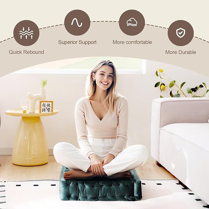 Square Floor Pillows, Large Floor Cushion for Adults Kids, Meditation Floor Pillow Seating Cushion with Shredded Memory Foam and Silk Wadding, 20"x20"x5" (Dark Green, 2 Pack)