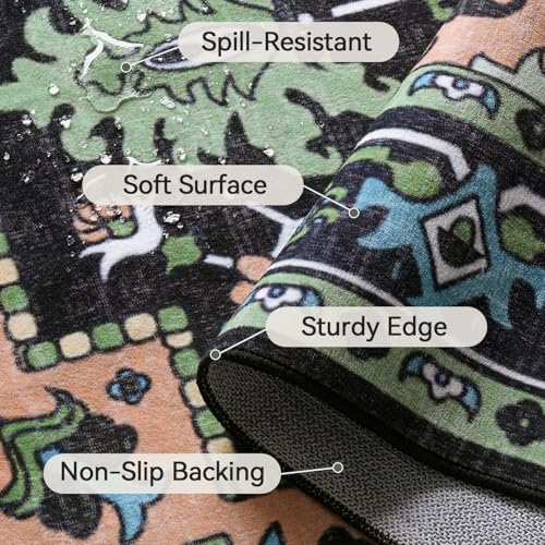 5x7 Area Rugs, Vintage Washable Area Rug for Living Room, Floral Boho Area Rugs for Bedroom, Office, Non-Slip Colorful Rug, Traditional Vintage Style, Plush Low-Pile Soft Carpet, Dark Green - color: Dark Green, size: 5' x 7' (Rectangular)