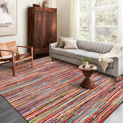Chindi Rug 9x12, Boho Living Room Woven Braided Multicolor Area Rugs 9x12, Bohemian Colorful Recycled Cotton Rag Rugs for Farmhouse, Bedroom, Dining Room, Classroom, Hallway - size: 9' x 12' (Rectangular)