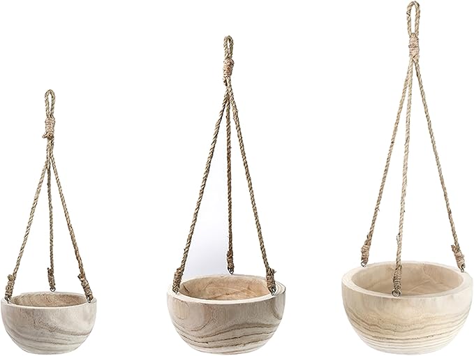 CYS EXCEL Small Wooden Hanging Planter Paulownia Wood Bowl Basket with Jute Rope for Indoor Plants Succulents