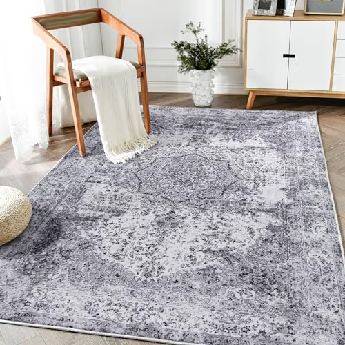 jinchan Area Rug 5x7 Washable Living Room Rug Vintage Traditional Distressed Lightweight Thin Retro Indoor Floor Cover Non Slip Floral Carpet for Bedroom Dining Room Bathroom Kitchen Office Grey - color: Vintage Grey, size: 5' x 7' (Rectangular)