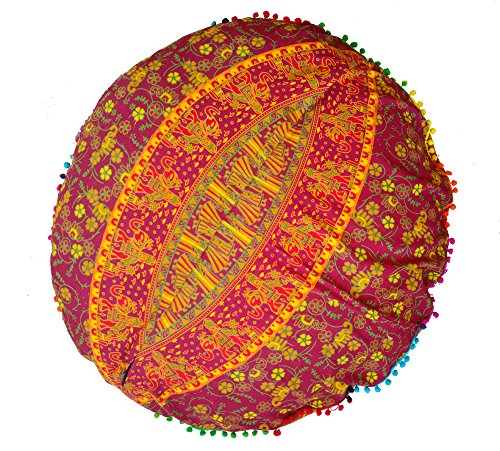 Rastogi Handicrafts 32" COR Mandala Floor Pillow Cushion Seating Throw Cover Bohemian Ottoman Poufs, Pom Pom Pillow Cases,Boho Indian (RED Camel) - color: Red Camel